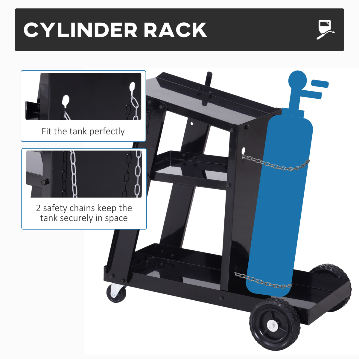 DURHAND Welding Cart Trolley with 3 Storage Trays, 2 Safety Chains, 4 Wheels, Slanted Top Shelf, 50kg Max Load