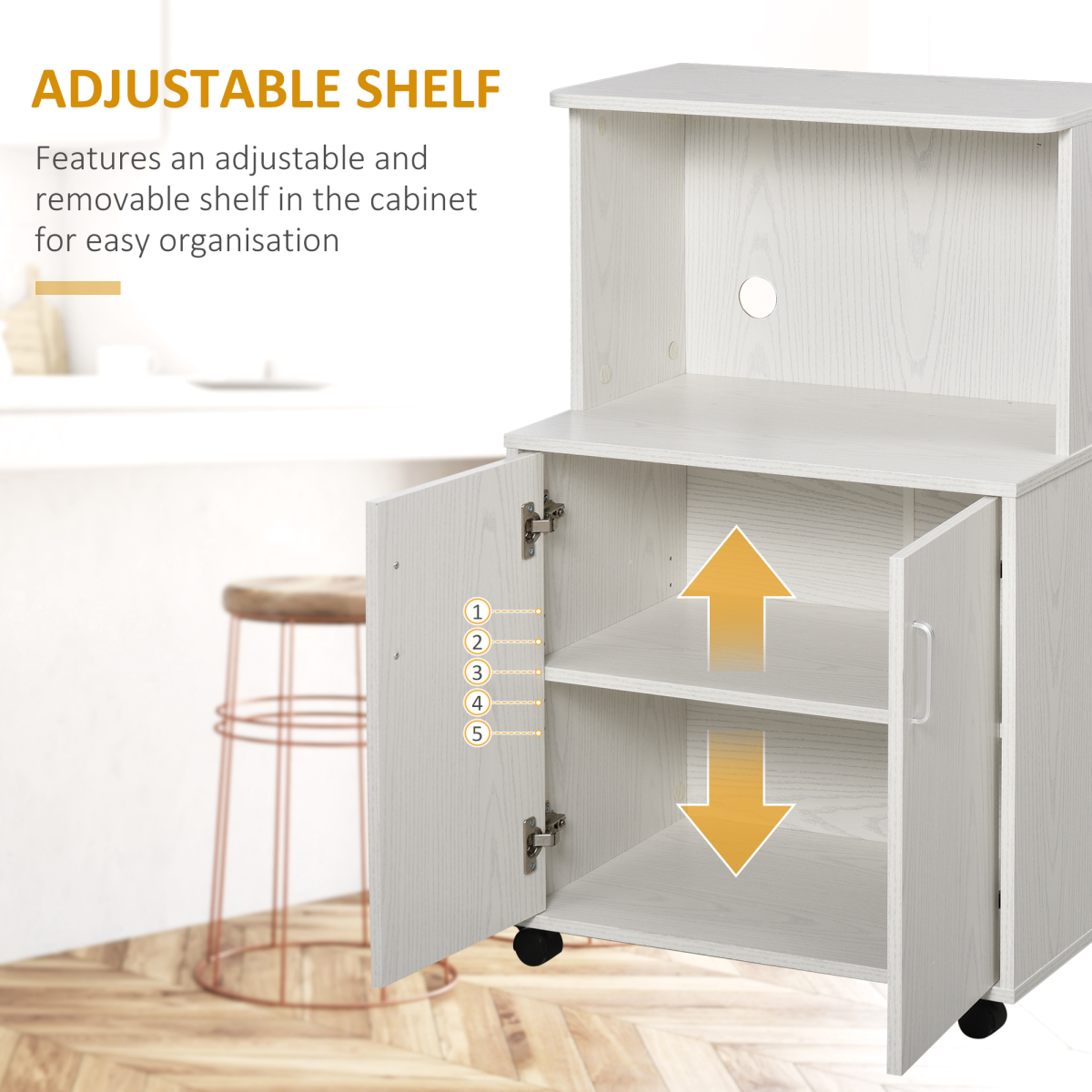 HOMCOM Microwave Cart on Wheels, Kitchen Utility Trolley with Storage Cabinet, Adjustable Shelf, Open Top Compartment, Lockable Wheels, White, 97x60.4x40.3cm