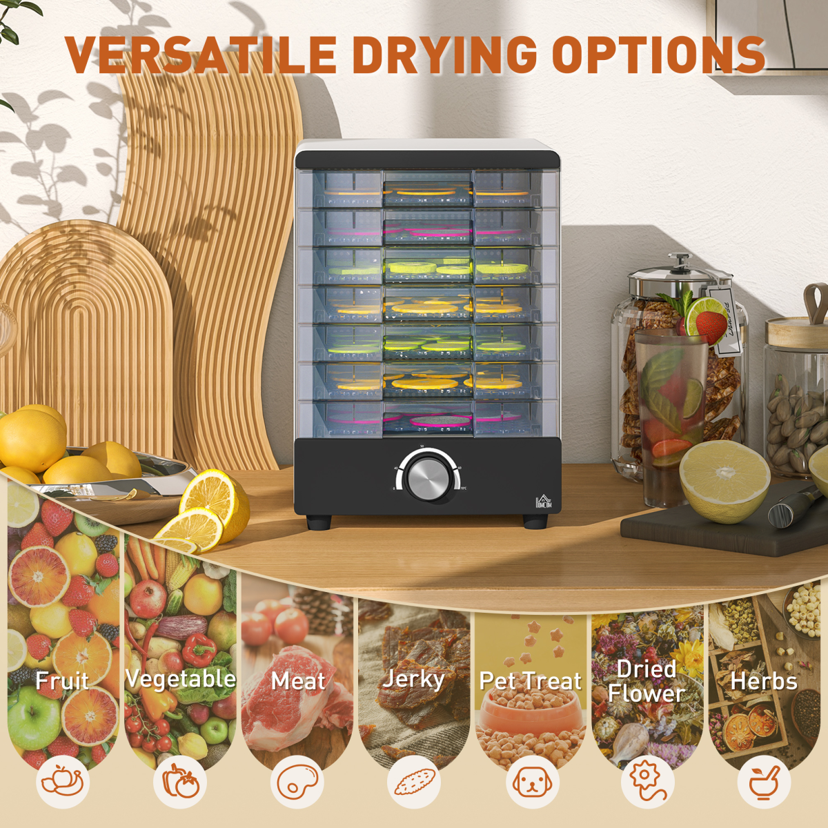 HOMCOM 7-Tray Stainless Steel Food Dehydrator for Fruit & Meat, White
