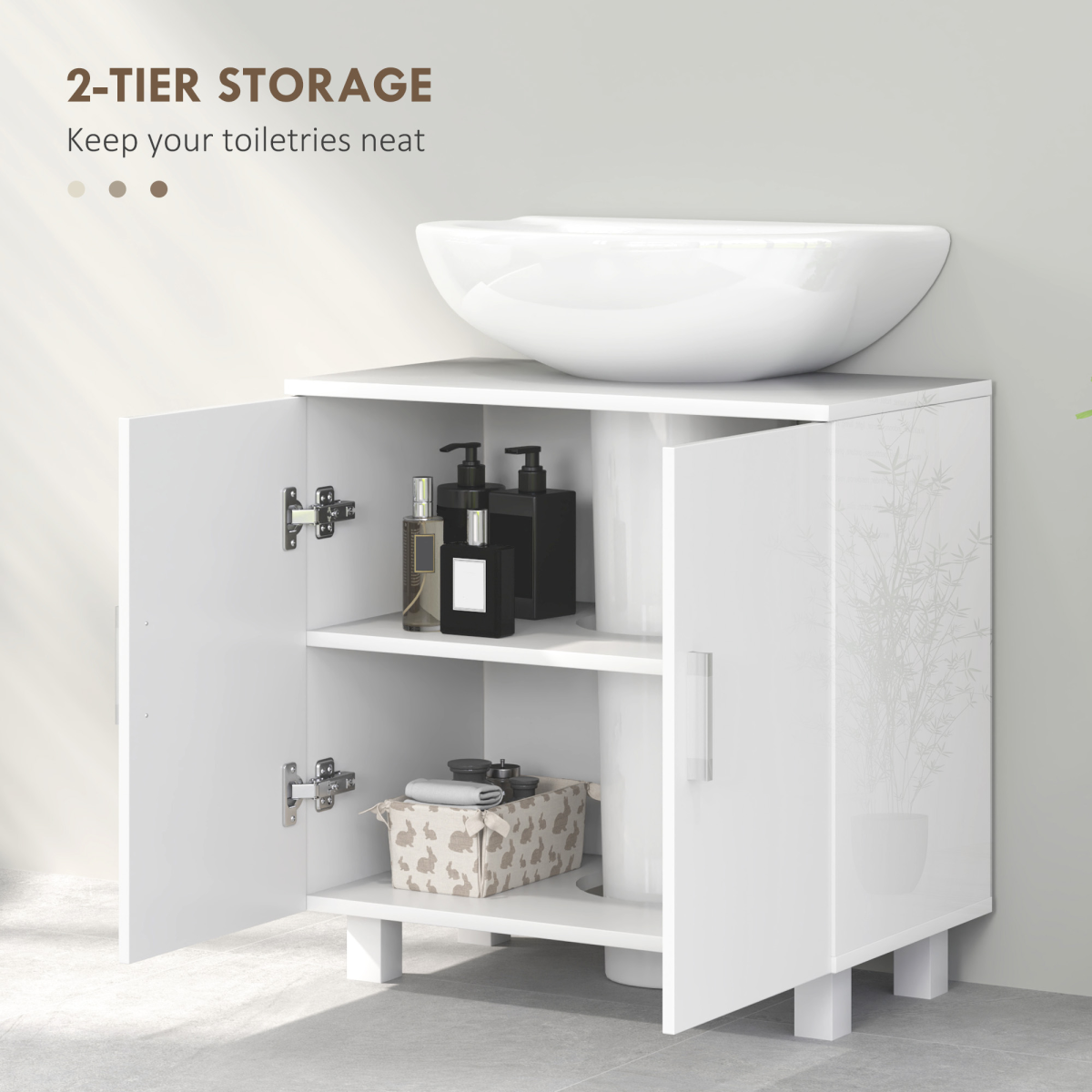 HOMCOM Freestanding High Gloss White Under Sink Cabinet for Pedestal Sinks