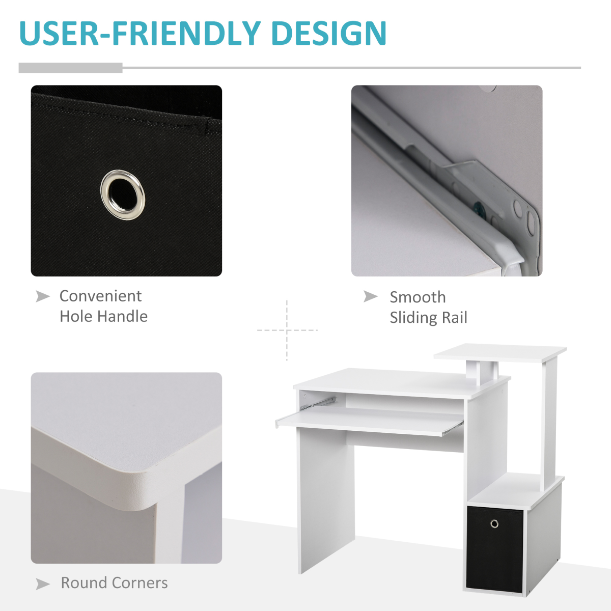 HOMCOM White Computer Desk with Sliding Keyboard Tray, Storage Drawer and Shelf