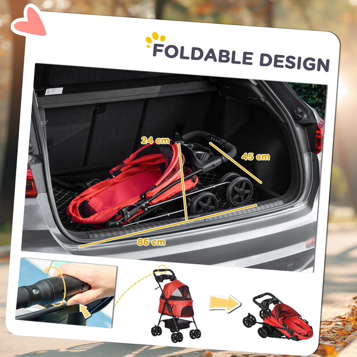 No-Zip Foldable Pet Stroller with Brake Wheels, Adjustable 4-Position Canopy, Basket, Safety Leashes, Steel Frame