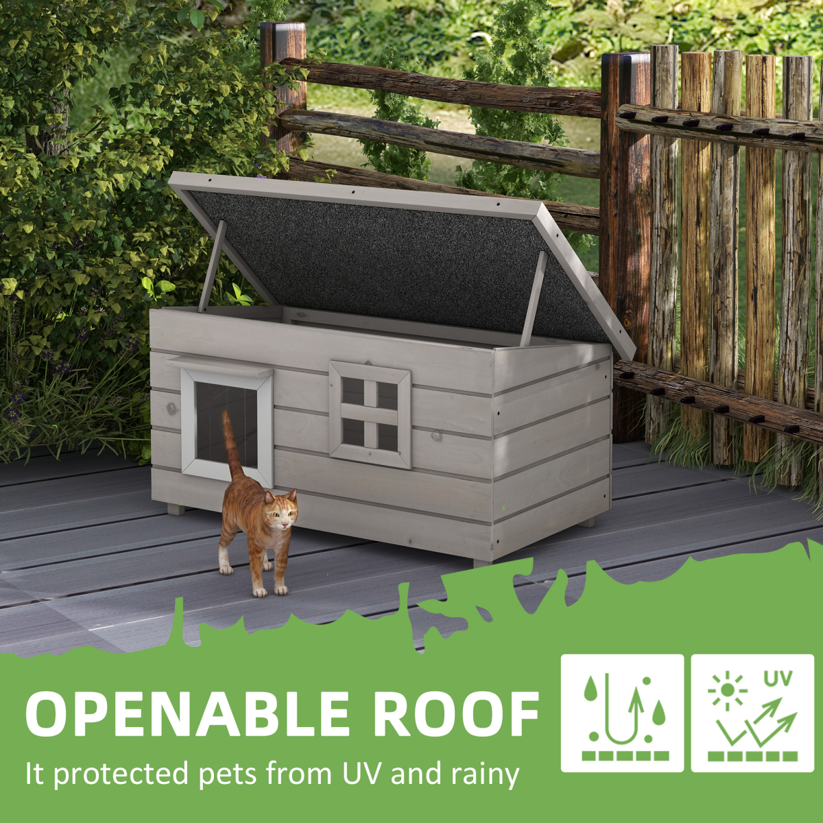 PawHut Wooden Outdoor Cat House with Openable Top, Asphalt Roof, Grey