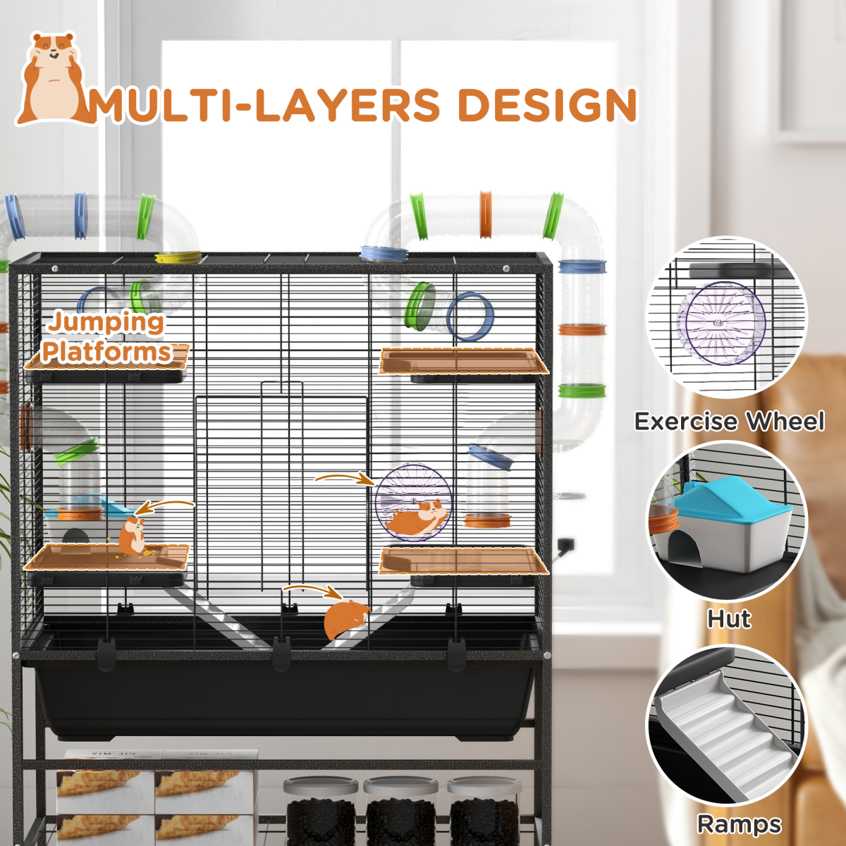 PawHut Large Hamster Cage with Wheels, Tubes, Shelves & Ramps