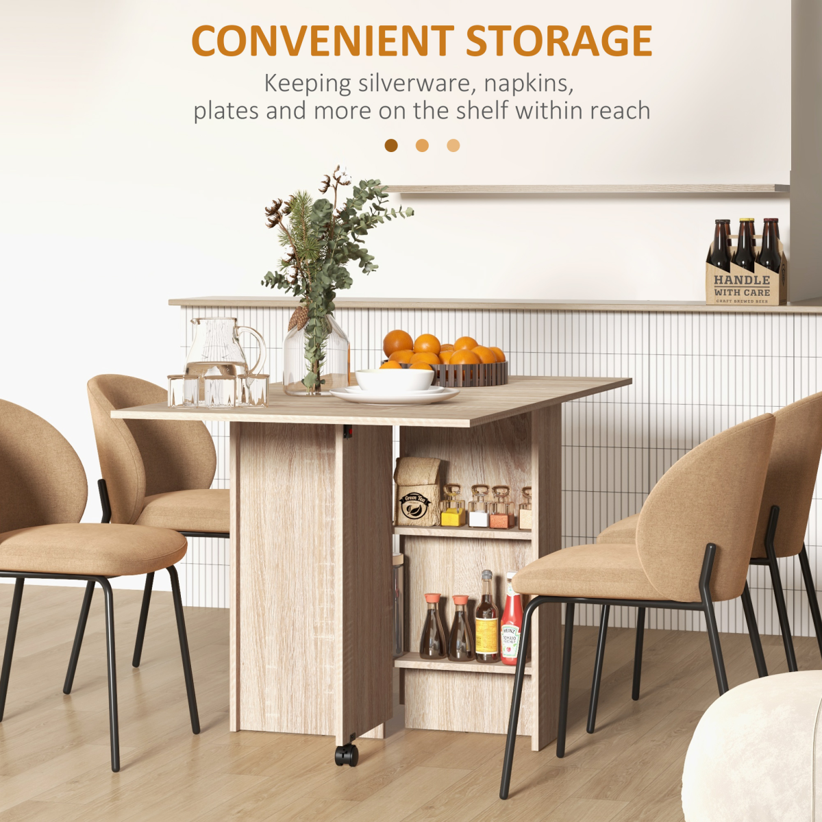 HOMCOM Mobile Drop Leaf Extendable Dining Table with Storage Shelves and Locking Wheels