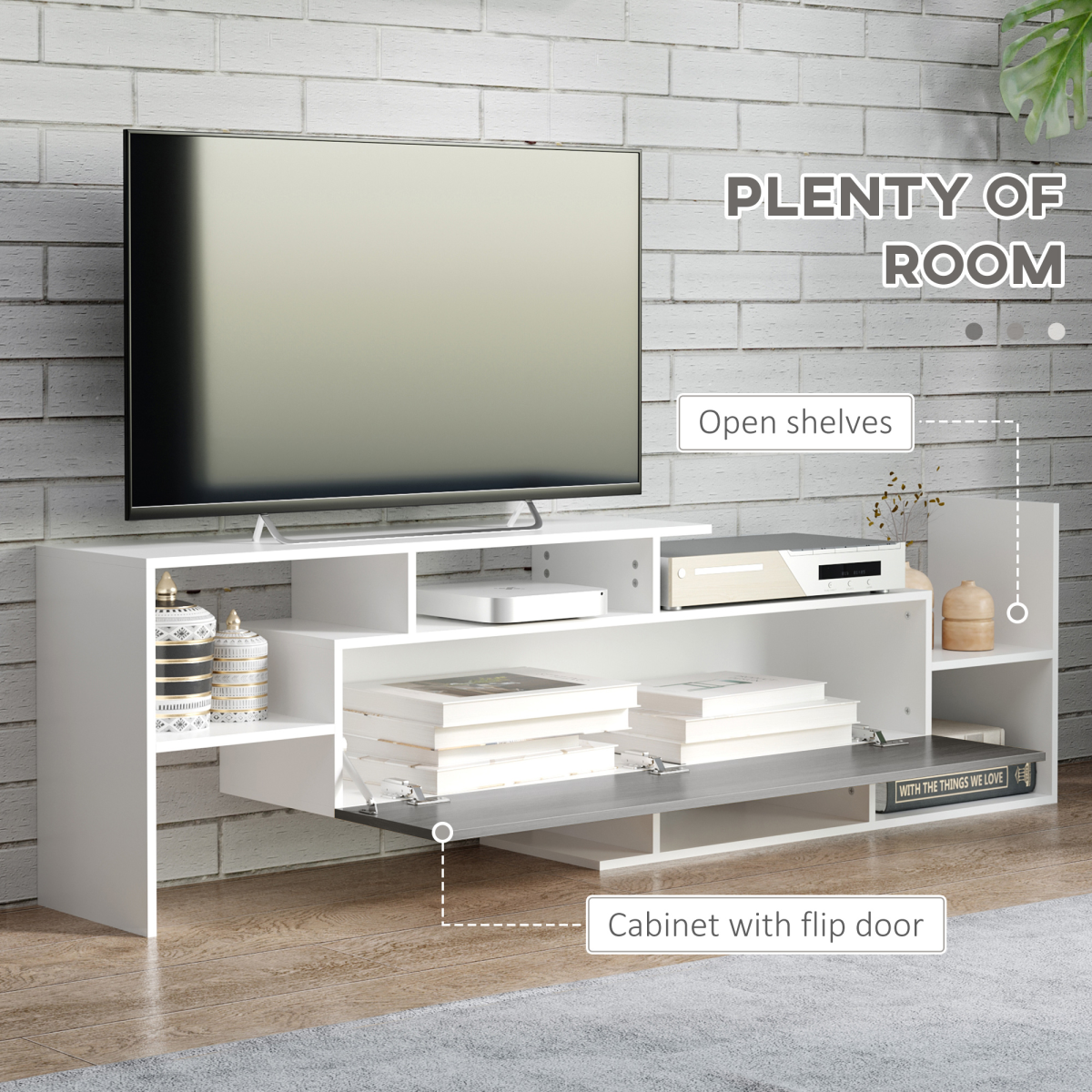 TV Cabinet Unit with Wall-Mounted Shelf and Open Shelves, White and Grey