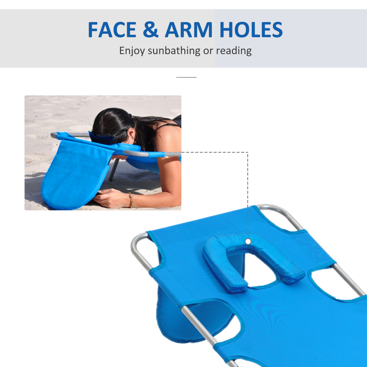 Outsunny Beach Chaise Lounge Sun Lounger with Face Hole, 5-Position Adjustable Backrest, Foldable, Blue