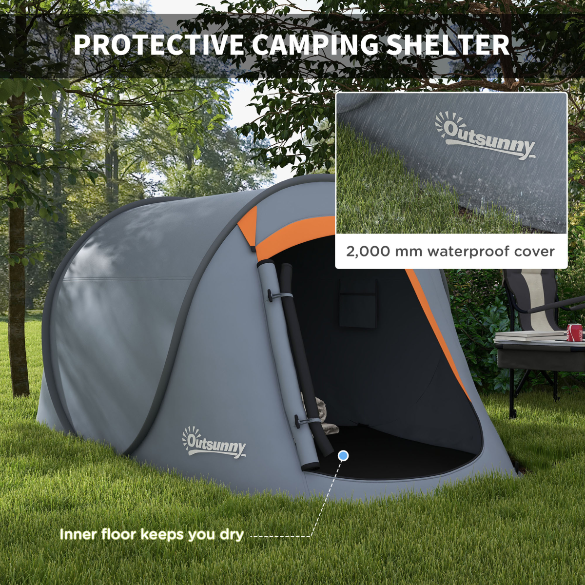 Outsunny 2-Person Pop-Up Camping Tent, 2000mm Water-Resistant, Grey