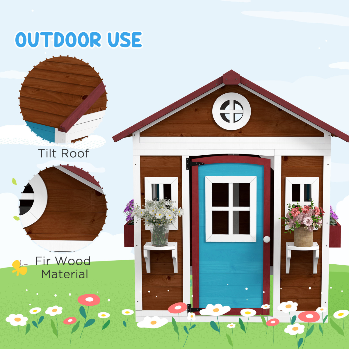 Outsunny Wooden Kids Playhouse with Doors, Windows & Plant Pots