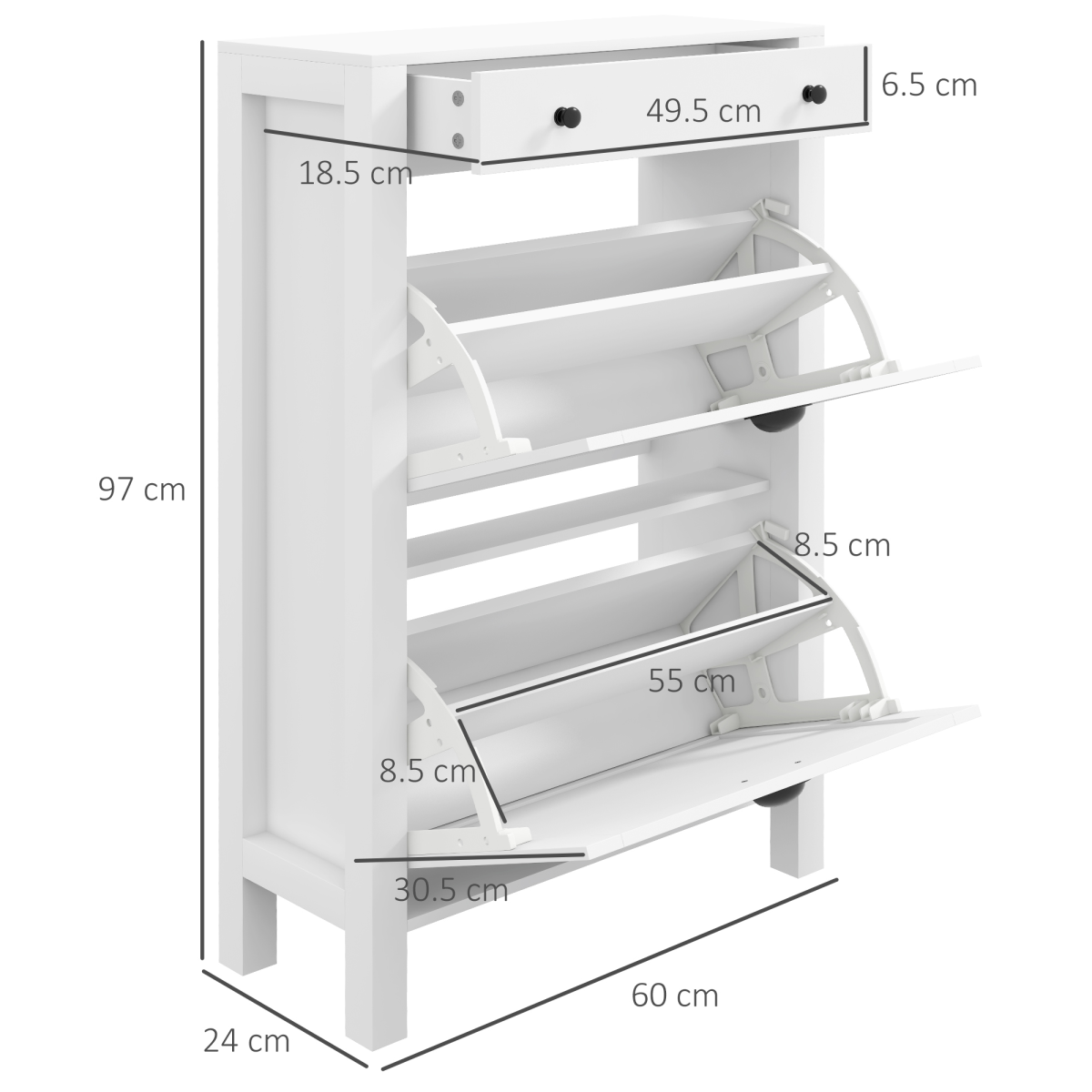 HOMCOM Narrow Shoe Cabinet, 2 Flip Drawers, Top Drawer, White