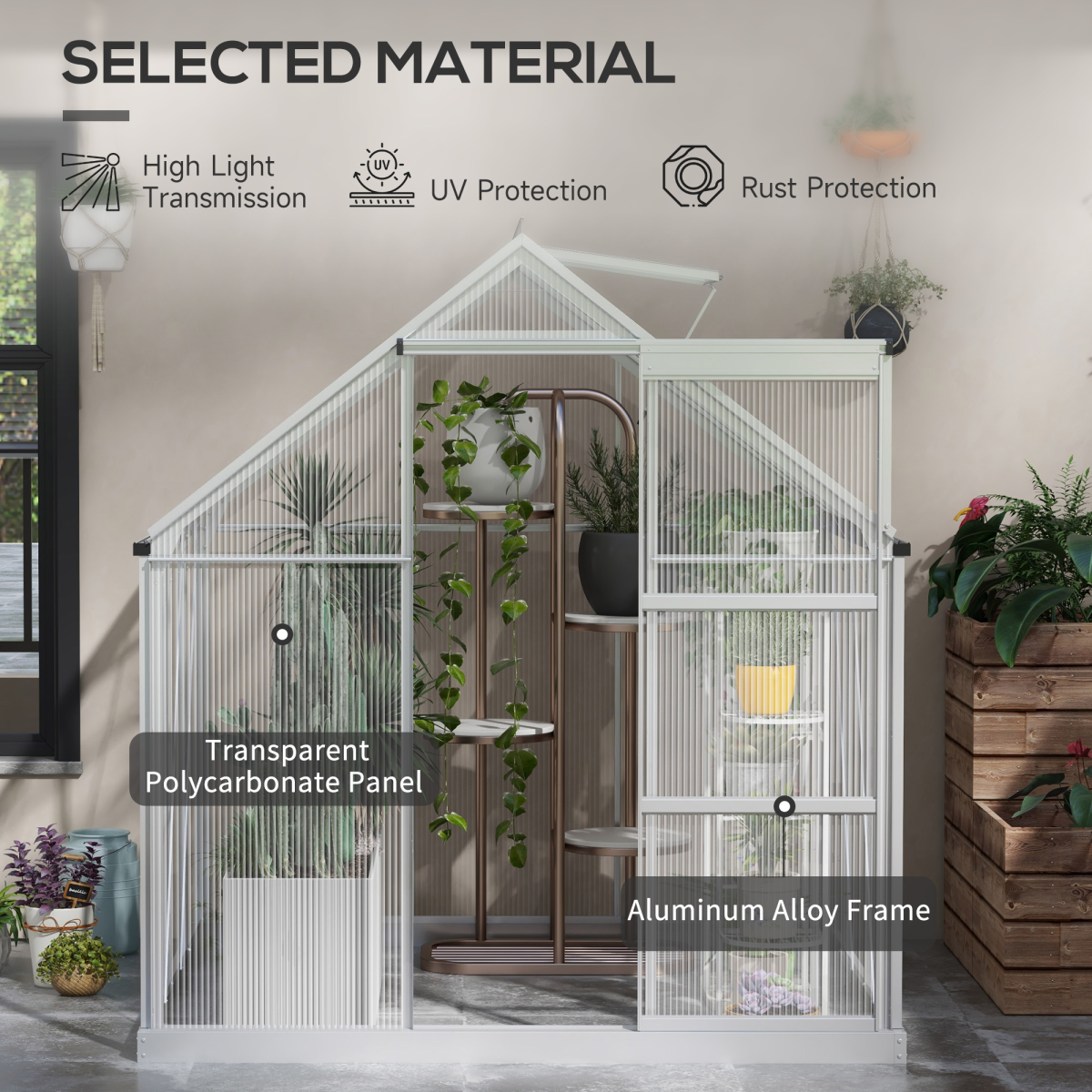 Outsunny 6 x 6 ft Walk-In Polycarbonate Greenhouse with Foundation, Sliding Door and Adjustable Window, Silver