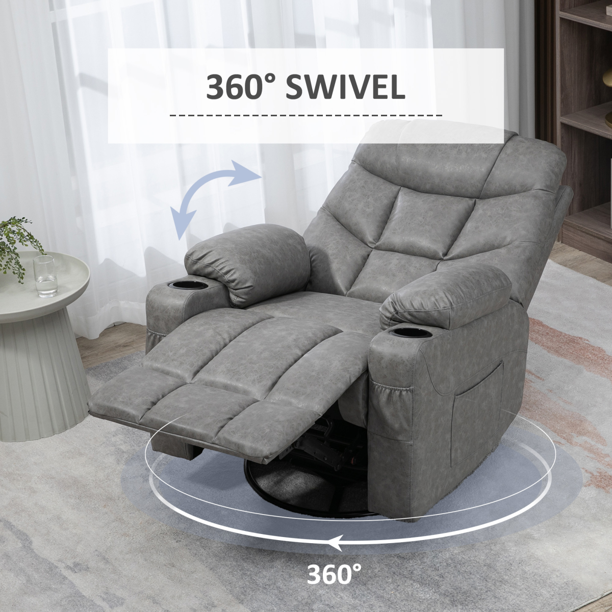 HOMCOM PU Leather Manual Recliner Chair with 360 Degree Swivel, Cup Holders and Side Pockets