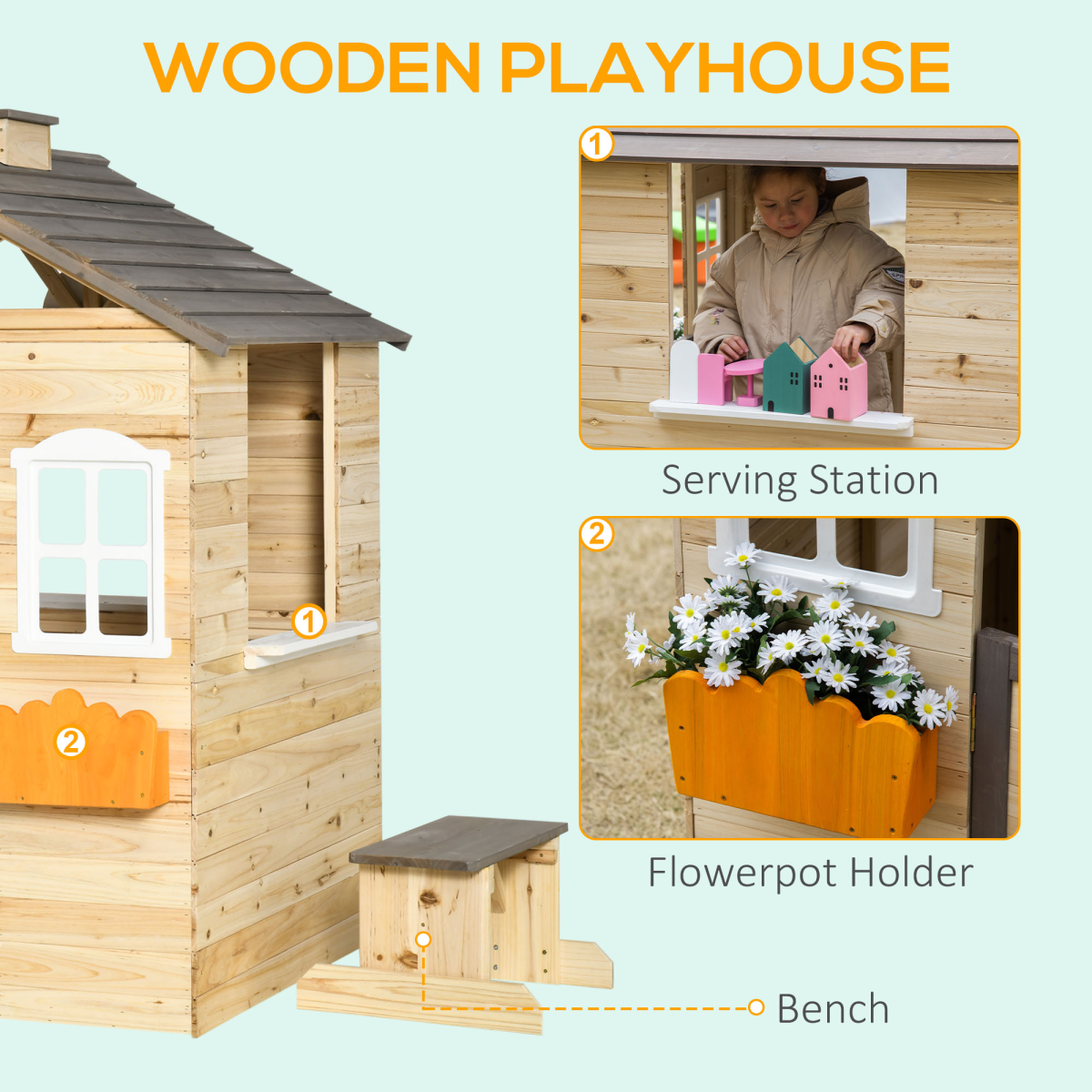 Outsunny Wooden Kids Outdoor Playhouse with Door, 2 Windows, Bench, Windowsill and Flowerpot Holders, Ages 3-7 Years