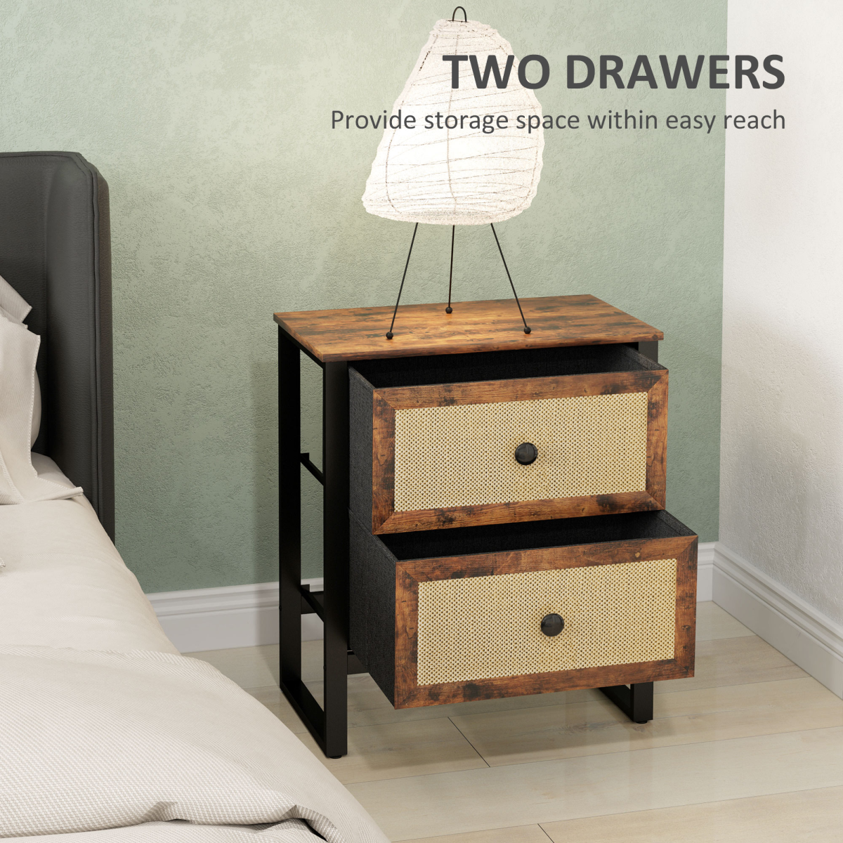 HOMCOM Rustic Brown Bedside Table with 2 Rattan Drawers, Steel Legs
