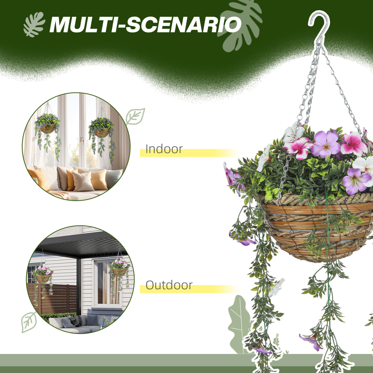 HOMCOM Set of 2 Artificial Azalea Hanging Plants with Basket