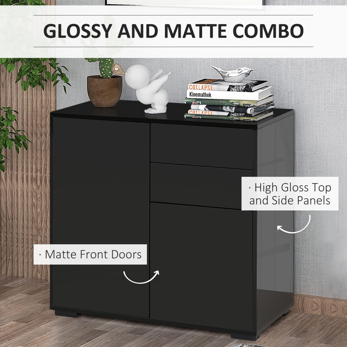HOMCOM Black Side Cabinet with 2 Doors, 2 Drawers and Shelf
