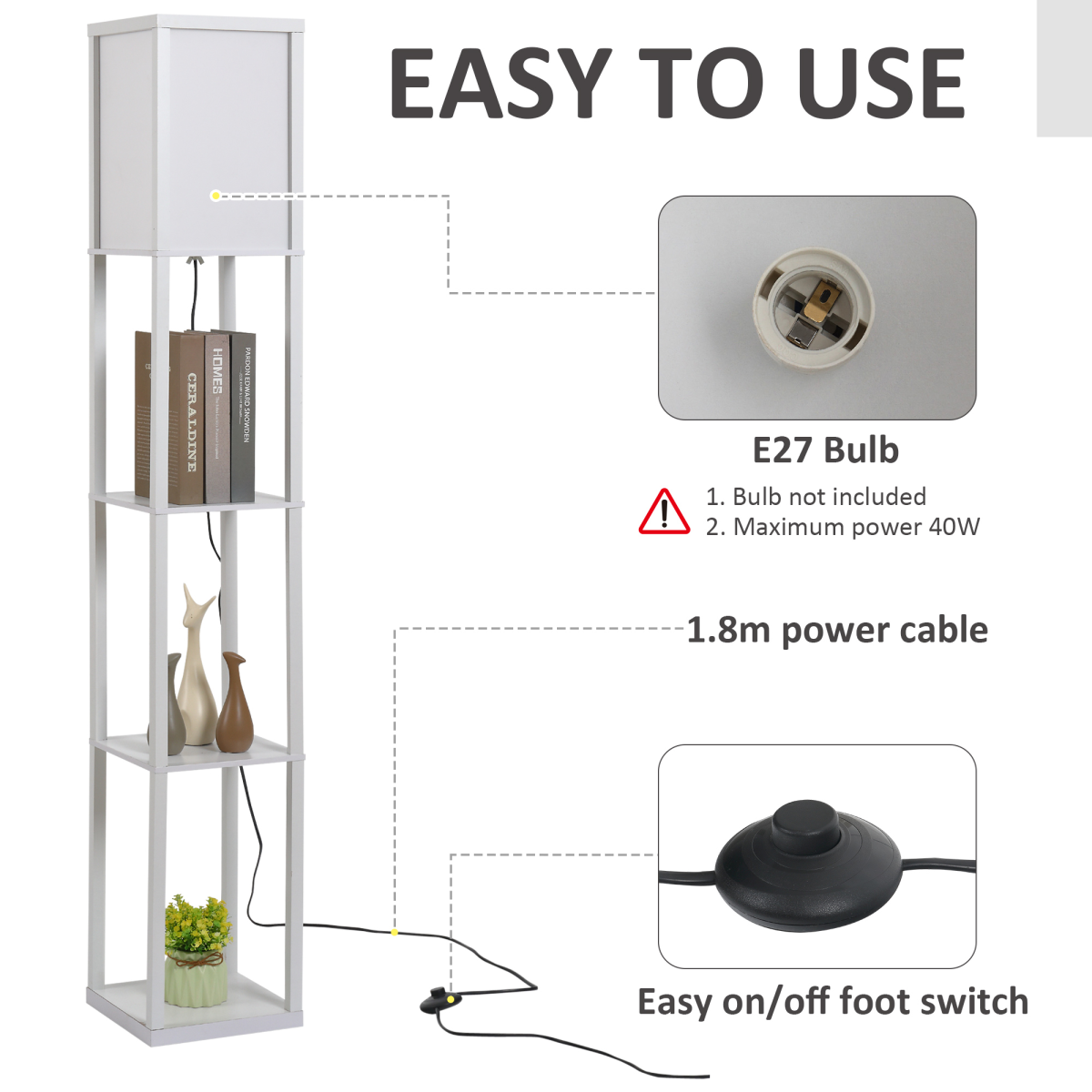 HOMCOM 4-Tier Floor Lamp with 3 Storage Shelves, White