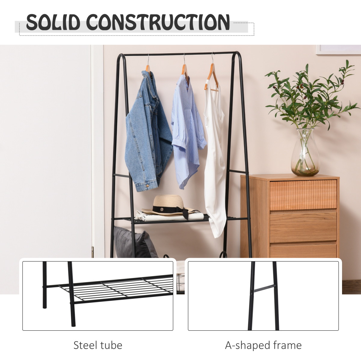 HOMCOM 2-Tier A-Shaped Steel Clothes Rack with Hanging Rail, Black