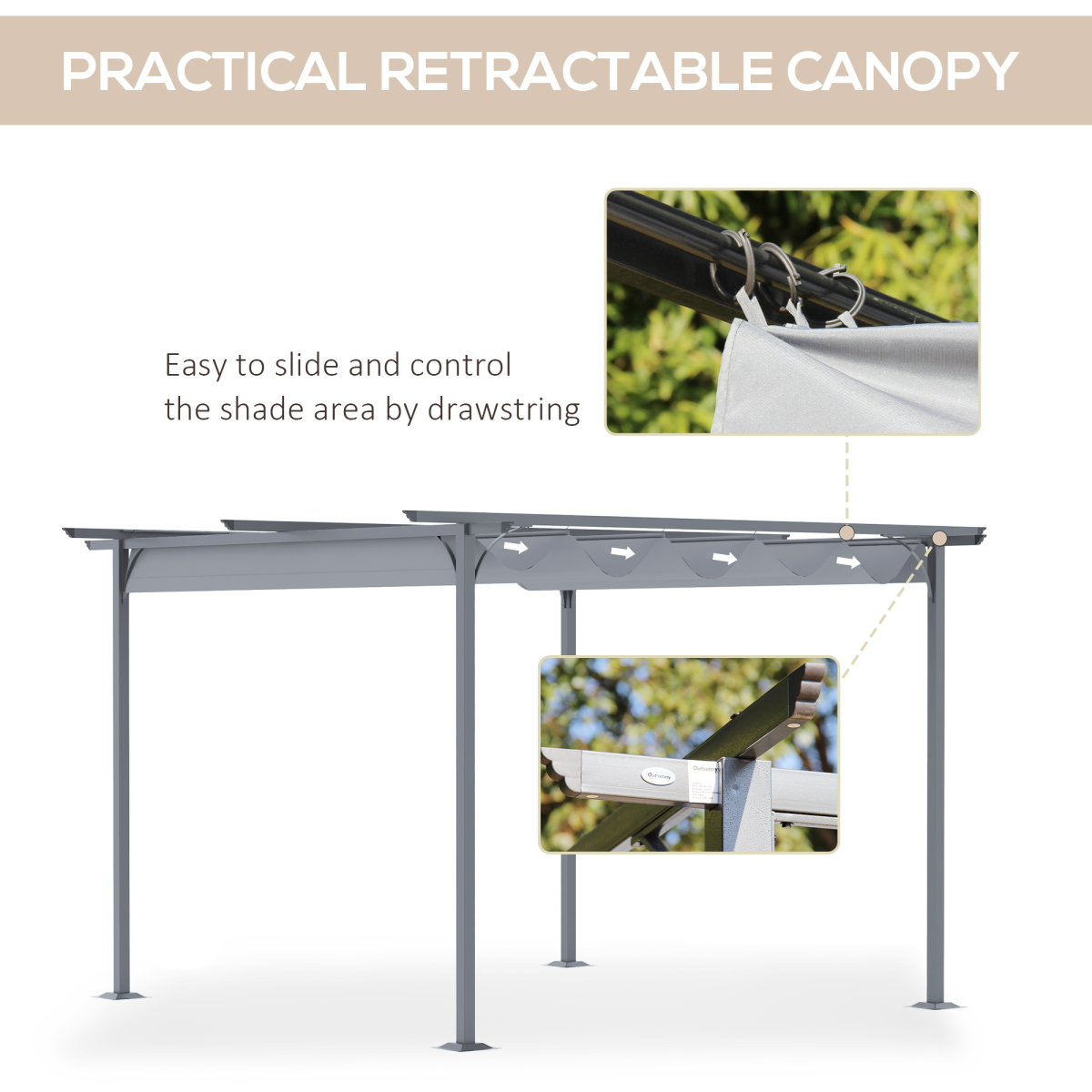 Outsunny 3.5m x 3.5m Metal Pergola Gazebo with Retractable Grey Canopy, Powder-Coated Steel Frame