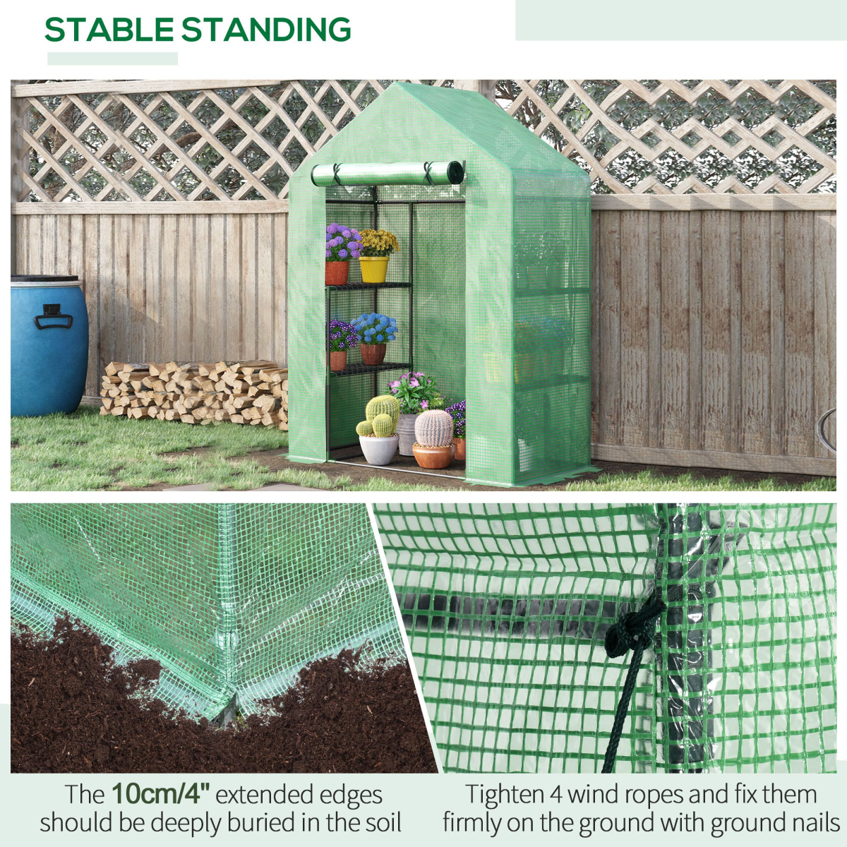 Outsunny Walk-In Greenhouse with 2-Tier Shelves, Roll-Up Zipper Door, PE Cover, 141 x 72 x 191 cm, Green