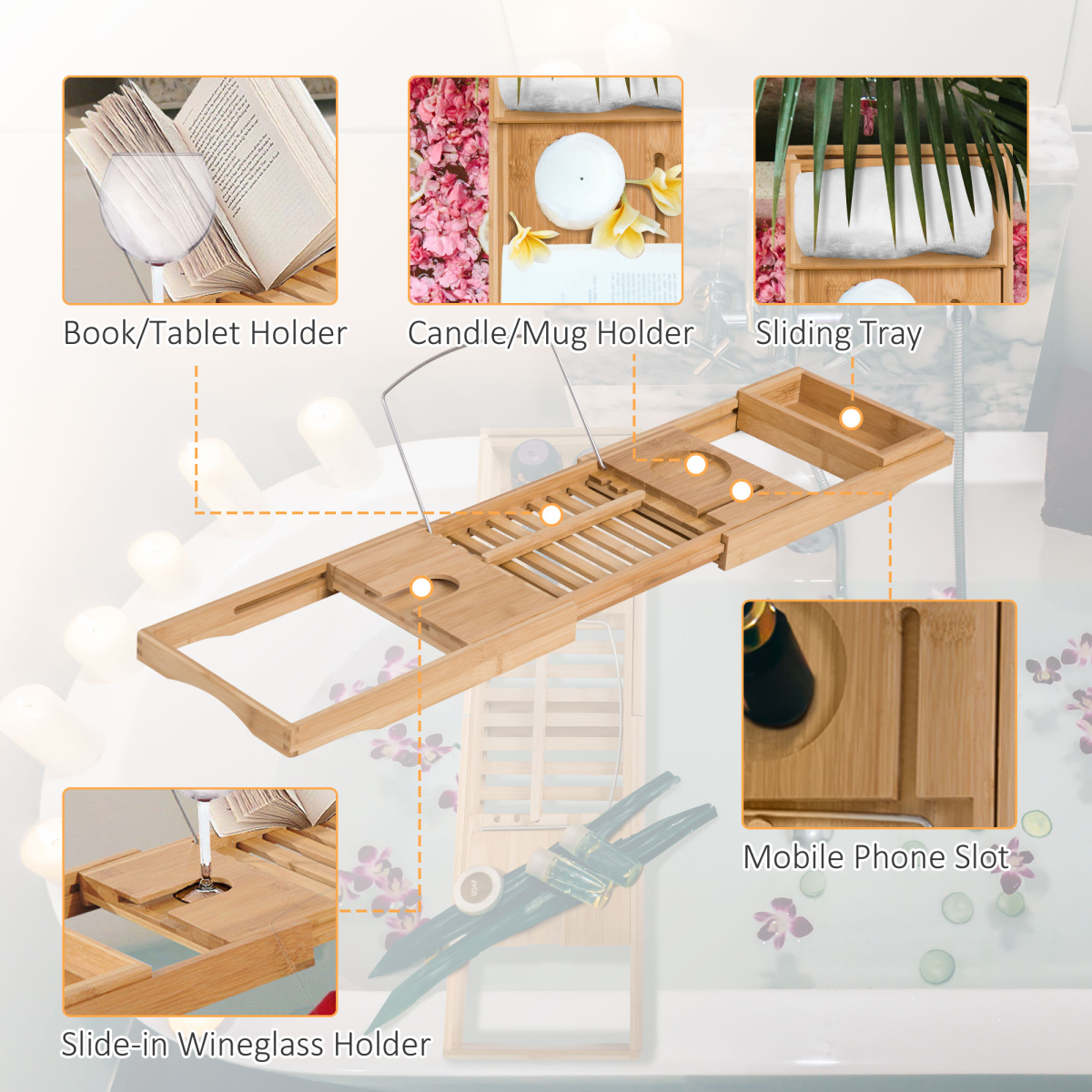 Extendable Bamboo Bath Tub Tray Caddy with Book Tablet Stand, Wine Glass Holder, Phone Tray and Detachable Accessory Tray, Fits Most Standard Bathtubs