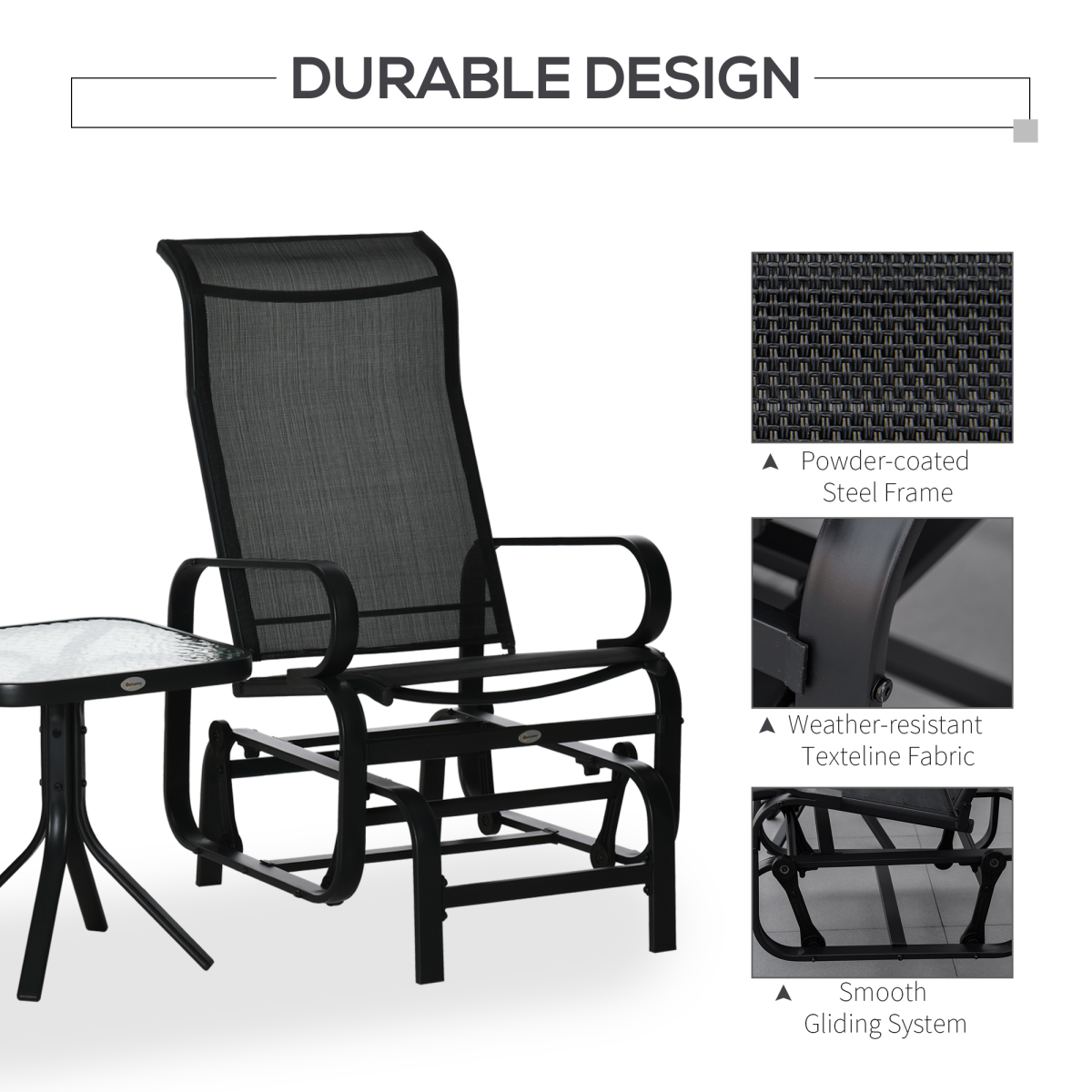 Outsunny 3-Piece Gliding Rocking Chair Set with Tea Table, Weather-Resistant Texteline Seat and Back Panels, Tempered Glass Table Top
