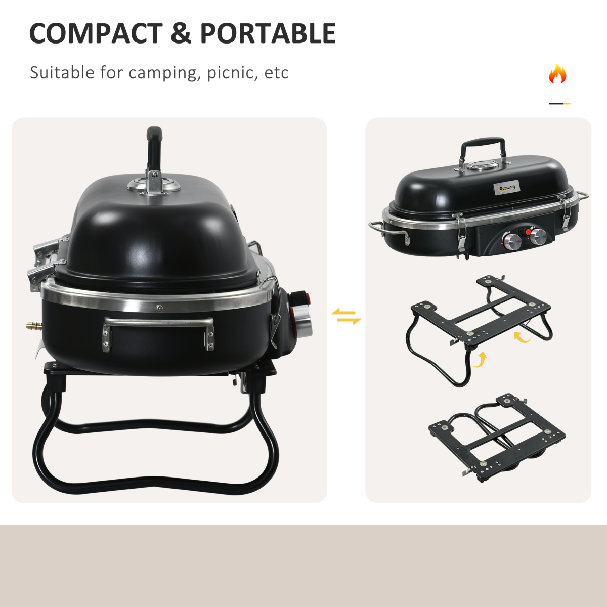Outsunny Gas BBQ Grill, 2 Burner Tabletop BBQ with Lockable Lid, Thermometer, Piezo Ignition, Foldable Legs