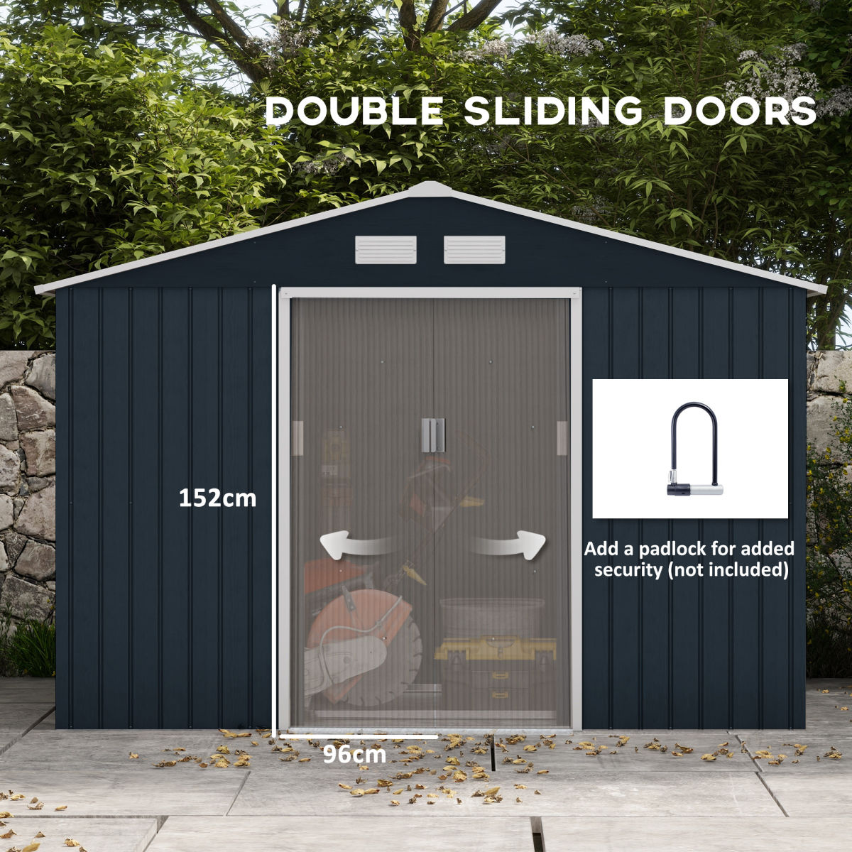 Outsunny 9 x 6FT Galvanised Metal Garden Storage Shed with Floor Foundation, Ventilation and Sliding Double Doors, Dark Grey