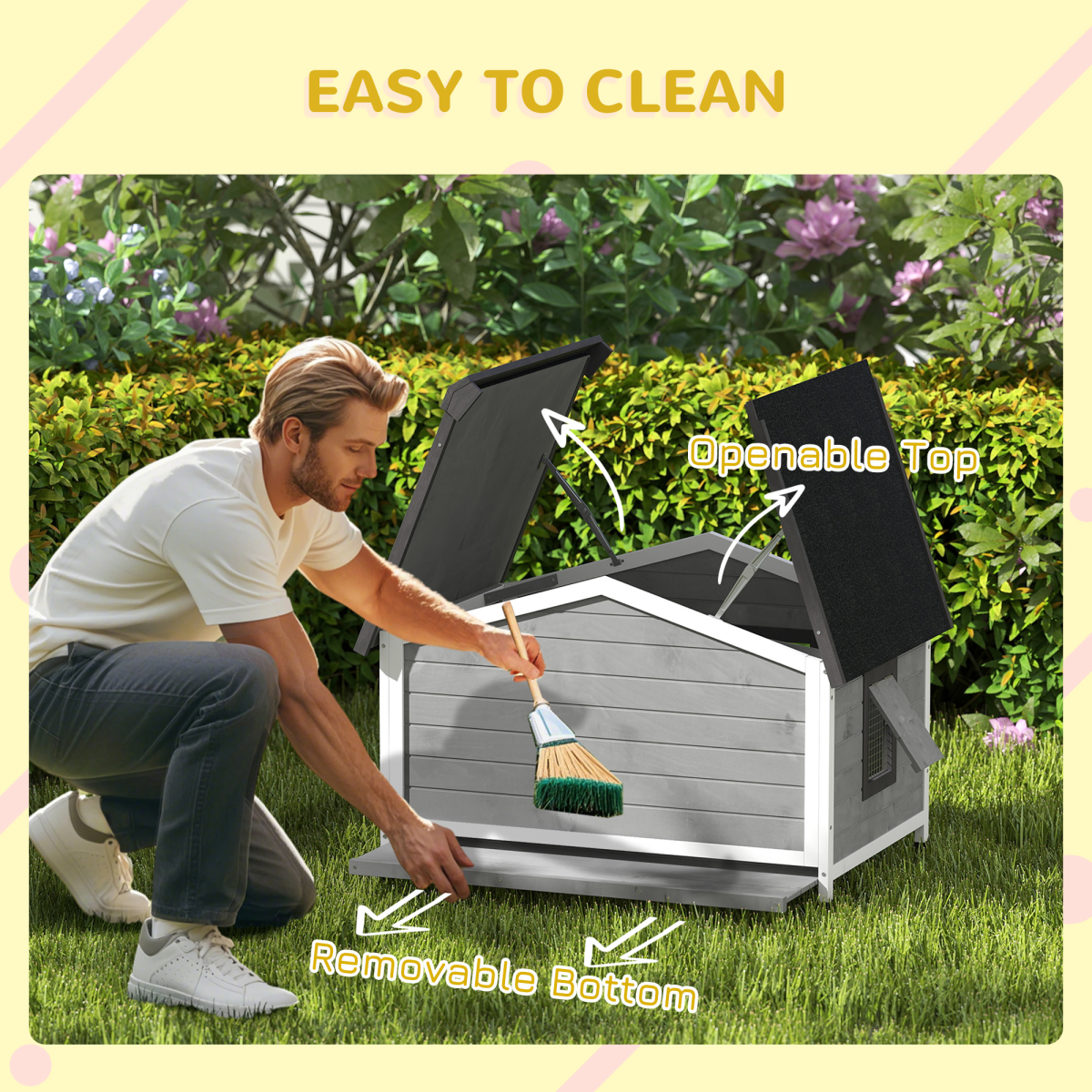 PawHut Outdoor Wooden Dog Kennel with Asphalt Roof, Grey, 97 x 72 x 65cm