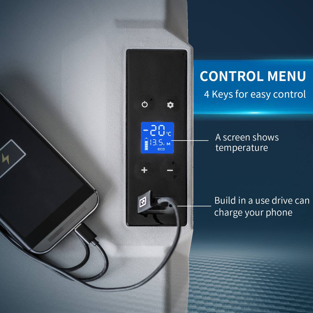 Portable Car Refrigerator 50L, 12/24V Fridge Freezer, Adjustable to -20°C, Touch Control Panel, USB Charging, Wheels
