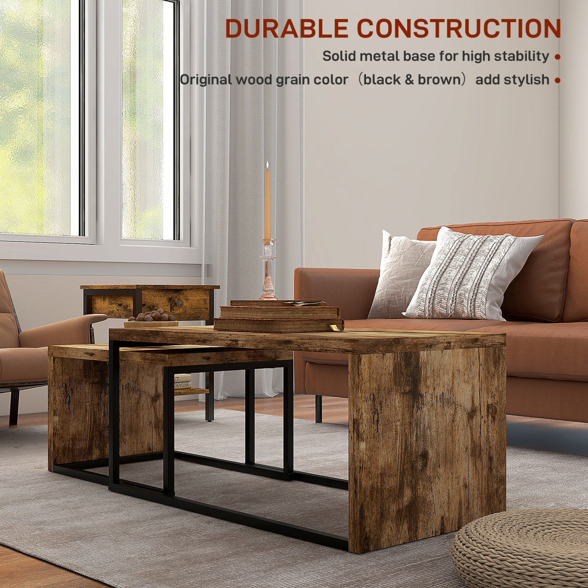 Set of 2 Wood Grain Coffee Tables with Black Base for Living Room