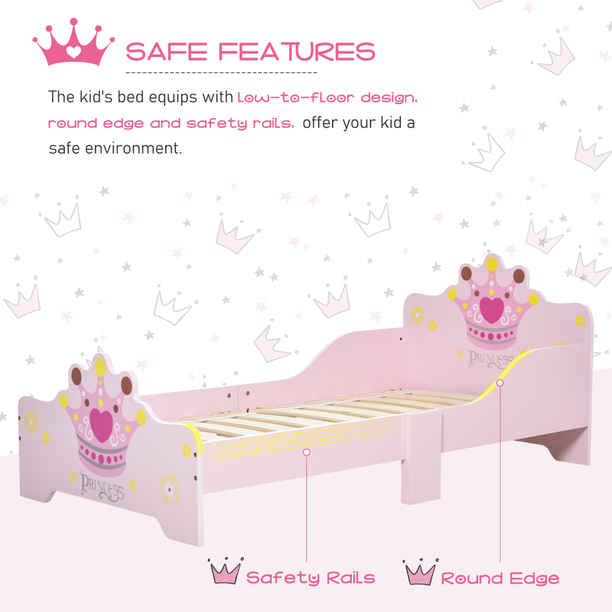 Homcom Kids Pink Princess Crown Wooden Bed with Side Rails