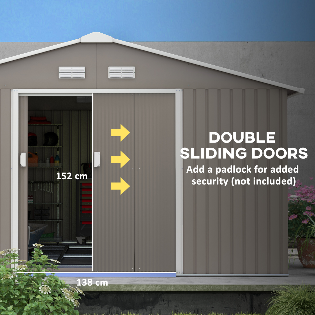 Outsunny Metal Garden Storage Shed, Sloped Roof, Double Door, 12.5ft x 11ft