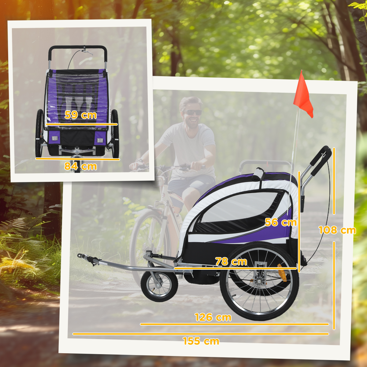 HOMCOM 2-Seat Child Bike Trailer with Safety Harness, Purple