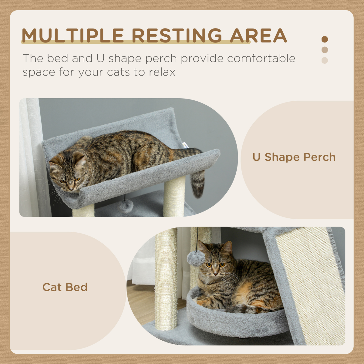 PawHut Light Grey Indoor Cat Tree Tower with Scratching Posts & Toy Ball
