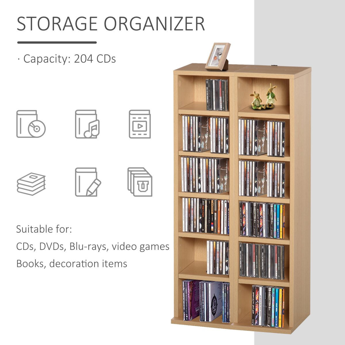 Set of 2 Adjustable CD Media Display Tower Racks, Wood Color