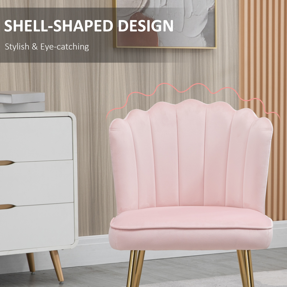 HOMCOM Pink Velvet-Feel Shell Accent Chair with Gold-Tone Metal Legs
