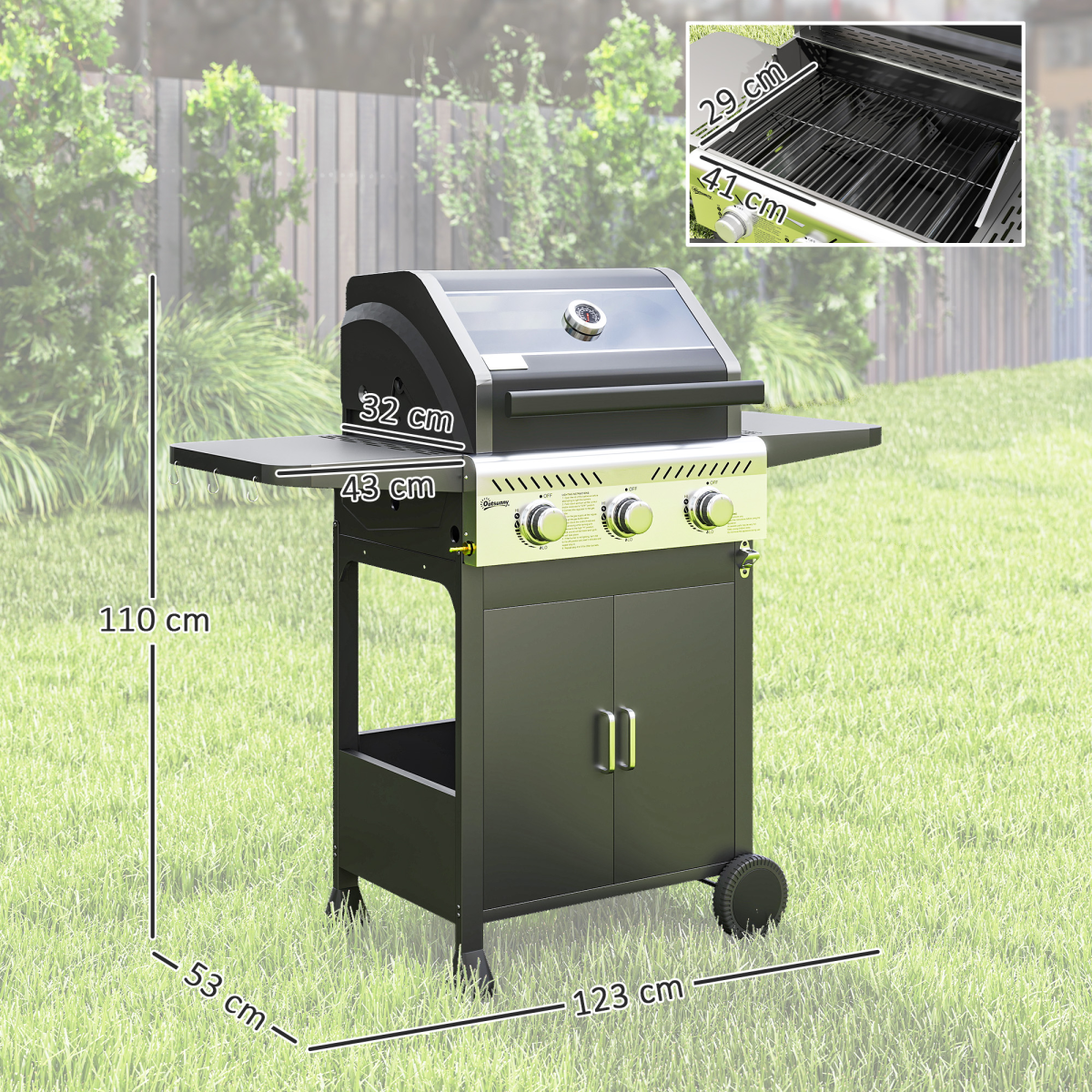 Outsunny 3-Burner Propane Gas BBQ Grill with See-Through Lid & Thermometer