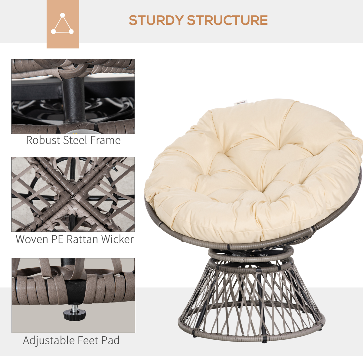 Outsunny 360° Swivel Rattan Papasan Moon Bowl Chair with Padded Cushion, Round Outdoor Garden Chair