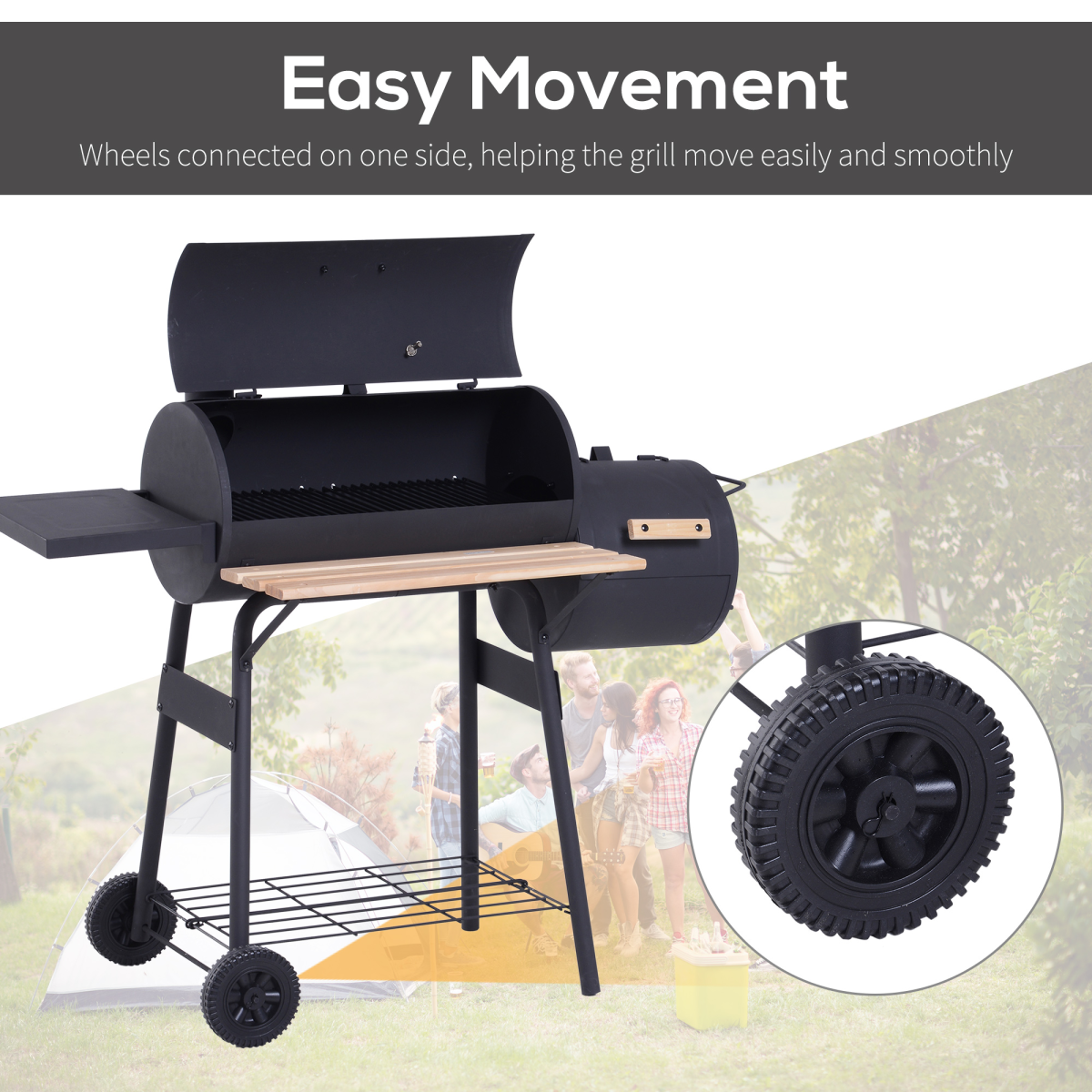 Outsunny Portable Charcoal BBQ Grill with Offset Smoker, Steel, Thermometer, Side Shelves and Wheels