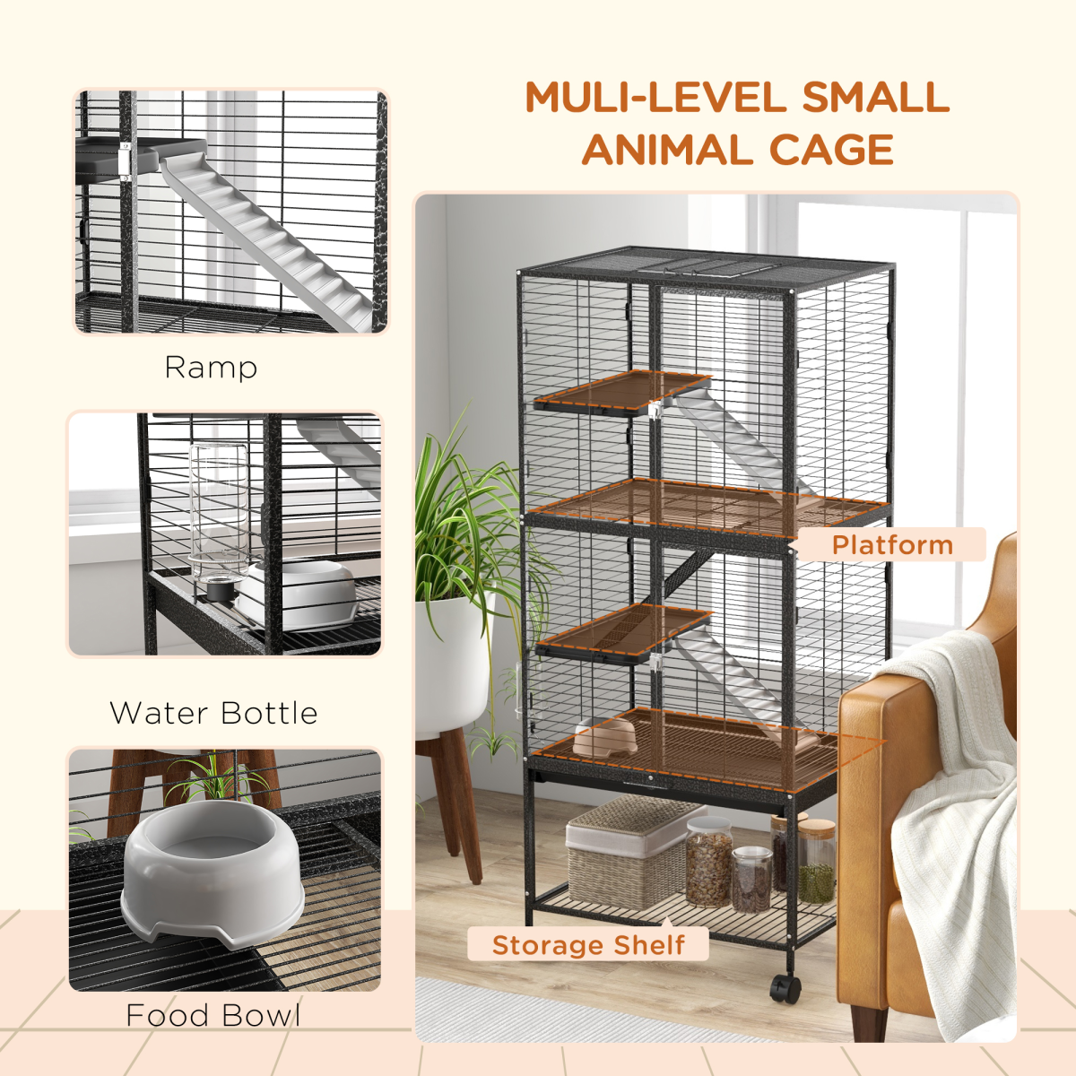 PawHut 136cm Rolling Ferret Cage with 3 Doors & Storage Shelf