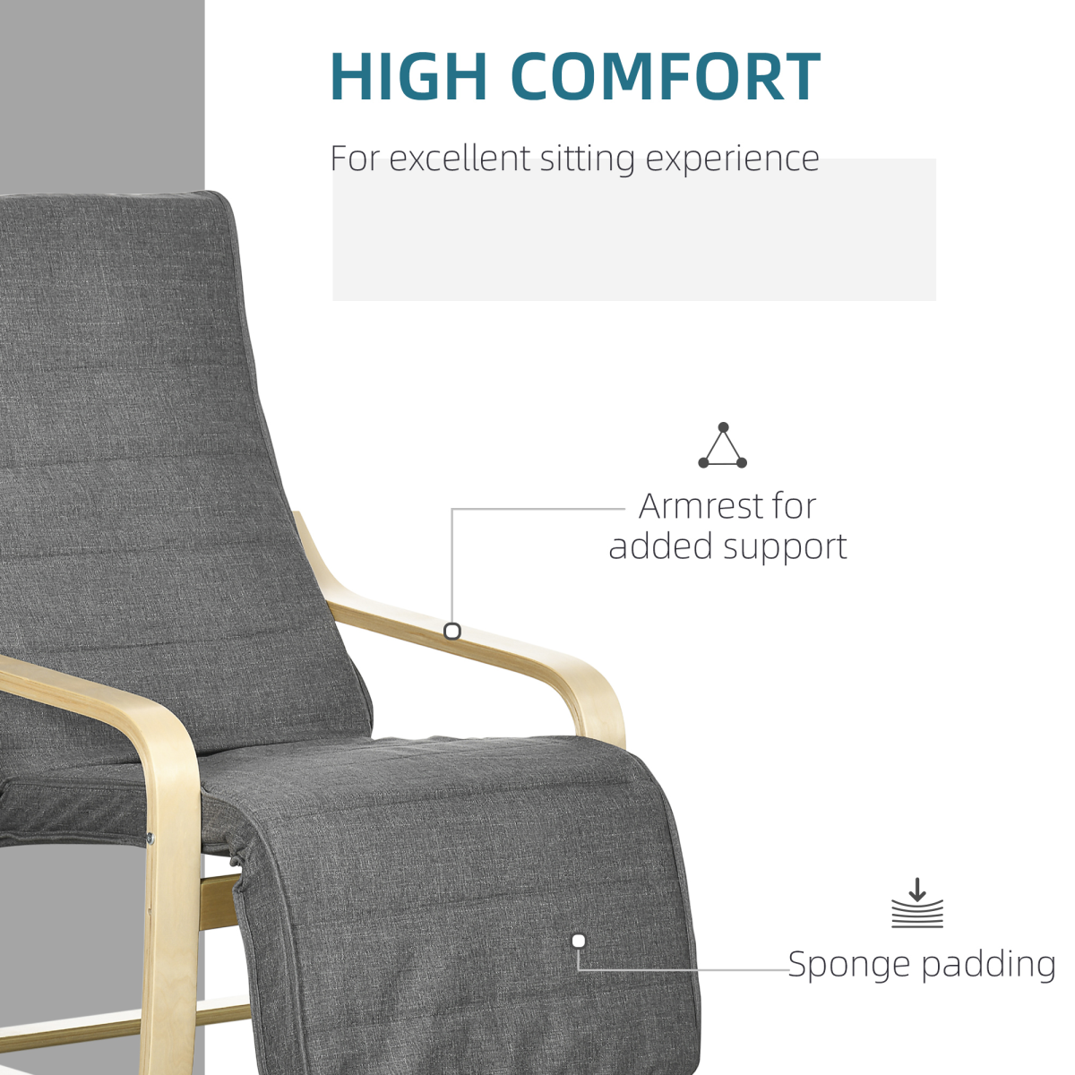 HOMCOM Lounge Chair Recliner with 5-Level Adjustable Footrest, Wooden Frame, Padded Seat, Dark Grey