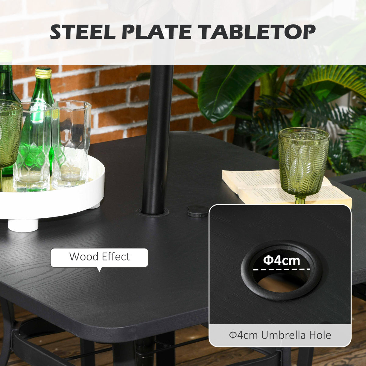 Outsunny 4-Seater Rattan Garden Dining Set with Umbrella Hole - Black