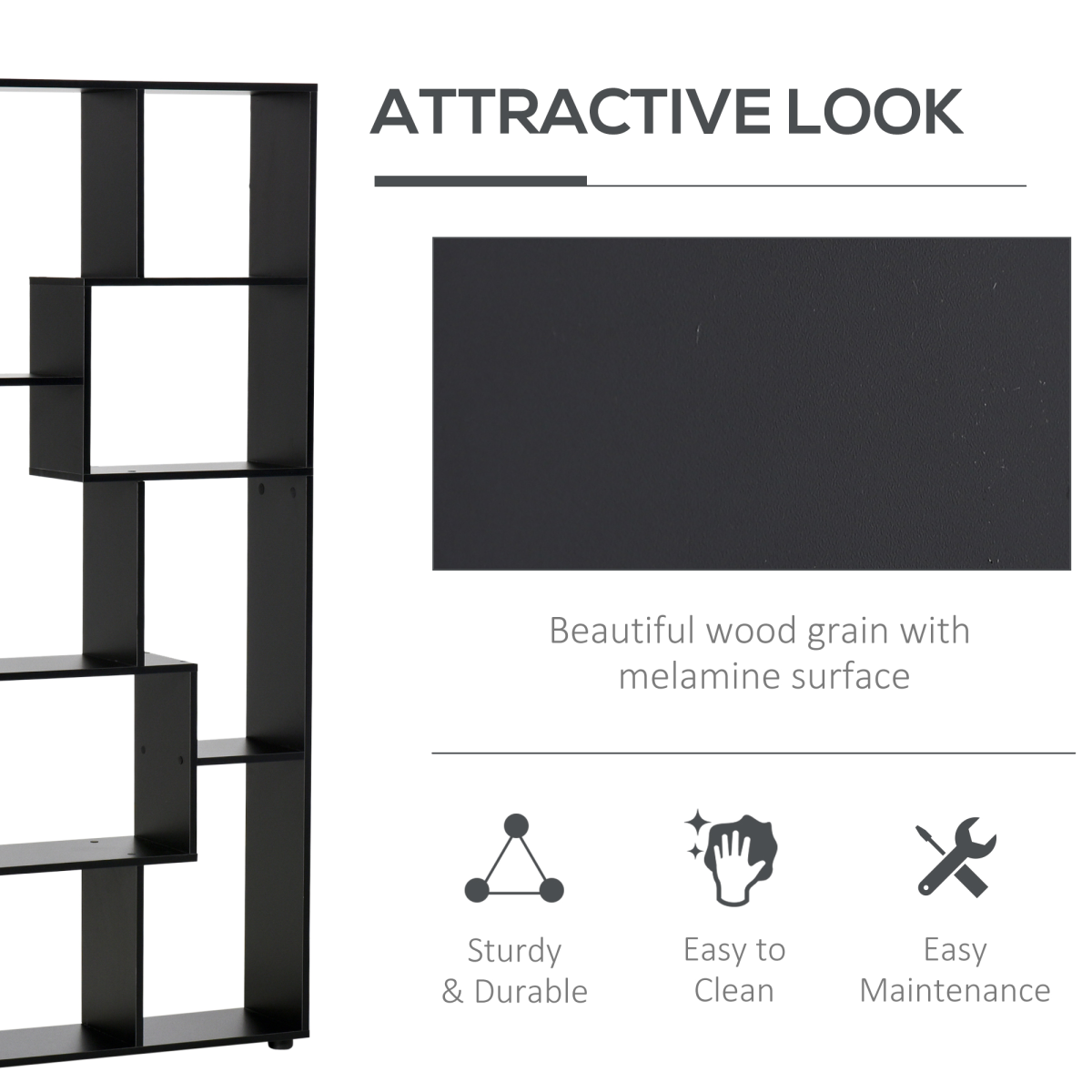 HOMCOM 178cm Black 8-Shelf Bookcase with Melamine Surface and Foot Pads, Multipurpose 8-Grid Storage