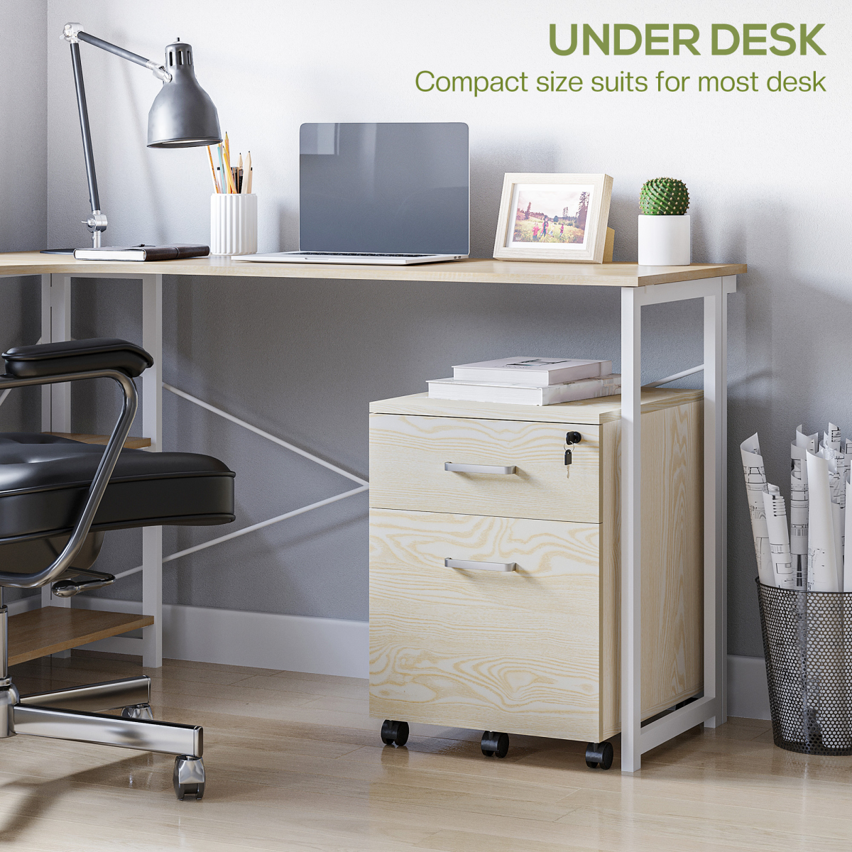 2-Drawer Locking Office Filing Cabinet with 5 Wheels, Oak Finish, Rolling Storage Cabinet