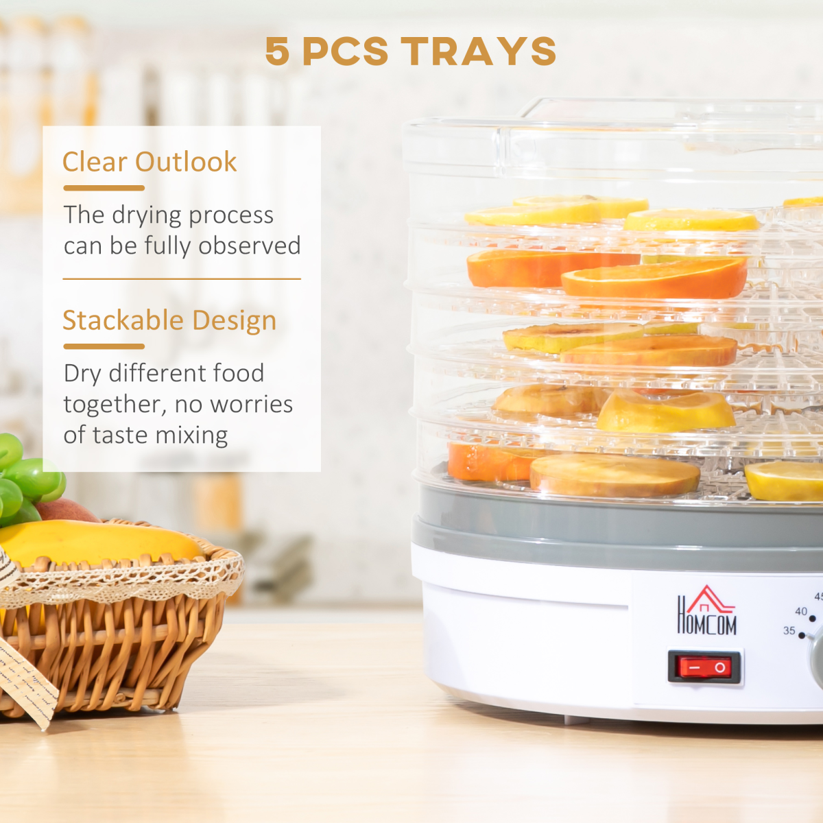 HOMCOM 5-Tier Food Dehydrator, 245W, Stainless Steel, Adjustable Temperature, Timer, White