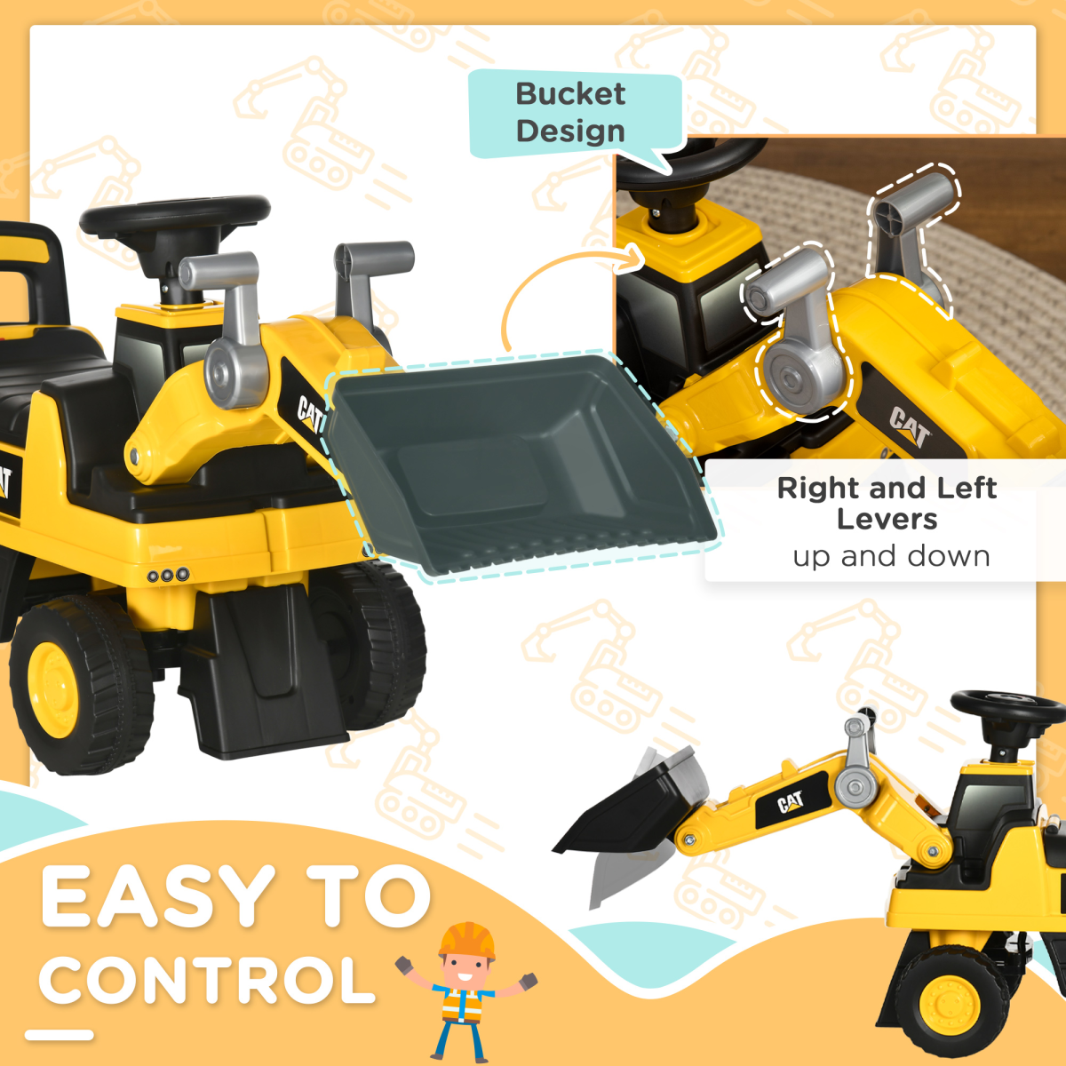 HOMCOM CAT Licensed Kids Ride-On Tractor with Manual Shovel, 1-3 Years