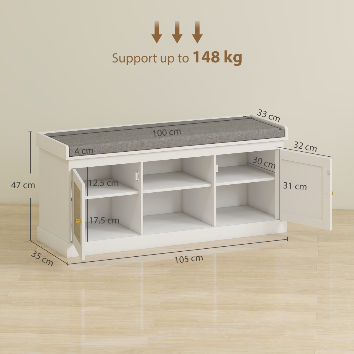 HOMCOM Boho Rattan Shoe Storage Bench with Padded Seat