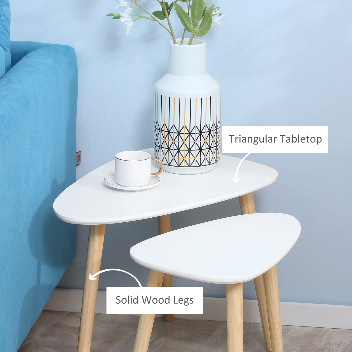 Set of 2 White Nesting Side Tables with Wooden Legs for Living Room