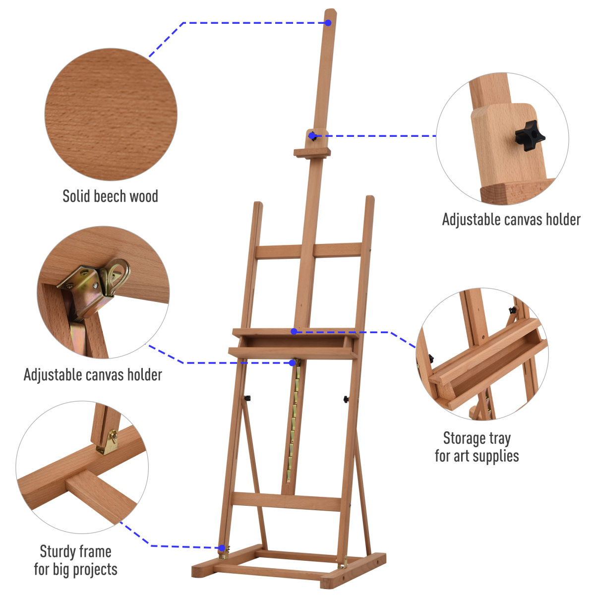 Height Adjustable H-Frame Studio Easel with Canvas Holder and Storage Tray, Beech Wood, Unbranded
